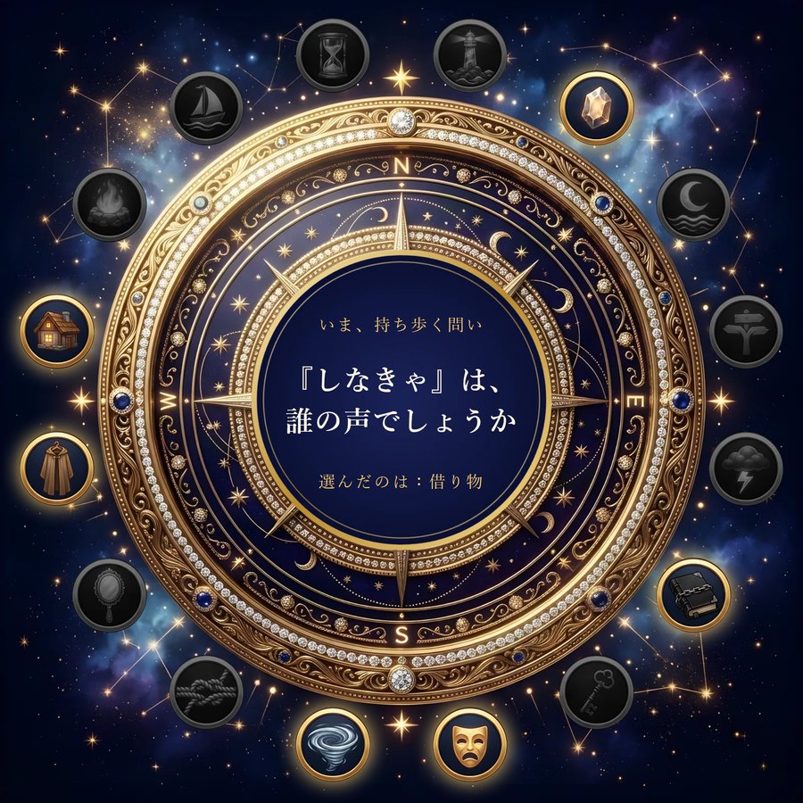 自己探究コンパス（かんたん版）でできる1枚の見本。中心に「『しなきゃ』は、誰の声でしょうか」という問いがある